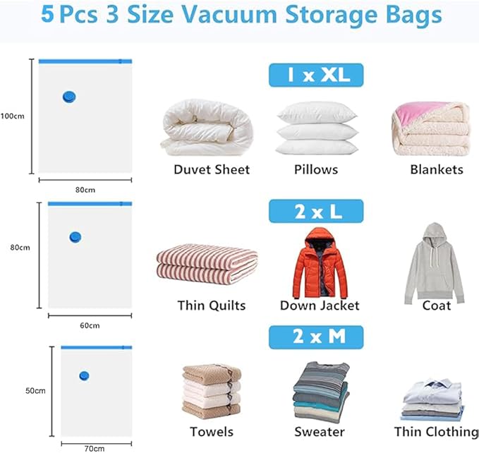 Reusable Ziplock Vacuum Storage Space Saver Plastic Bags for Clothes with Travel Hand Pump - Pack of 5 (2S (60Cmx80Cm), 2M (50Cmx70Cm), 1L(80Cmx100Cm)) - White