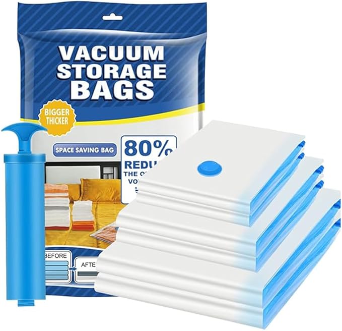 Reusable Ziplock Vacuum Storage Space Saver Plastic Bags for Clothes with Travel Hand Pump - Pack of 5 (2S (60Cmx80Cm), 2M (50Cmx70Cm), 1L(80Cmx100Cm)) - White