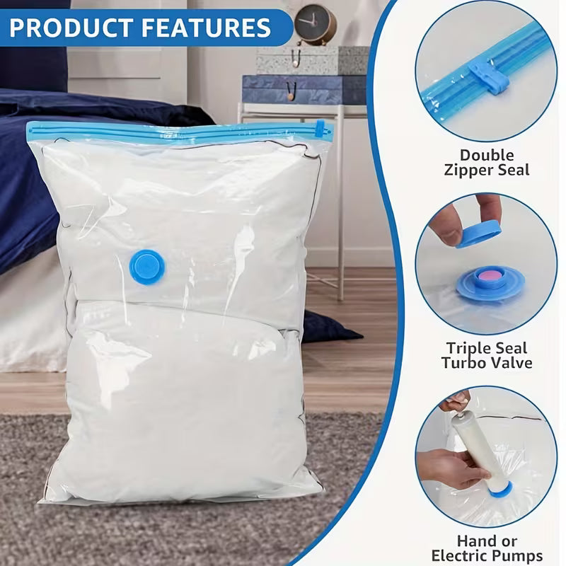 Reusable Ziplock Vacuum Storage Space Saver Plastic Bags for Clothes with Travel Hand Pump - Pack of 5 (2S (60Cmx80Cm), 2M (50Cmx70Cm), 1L(80Cmx100Cm)) - White