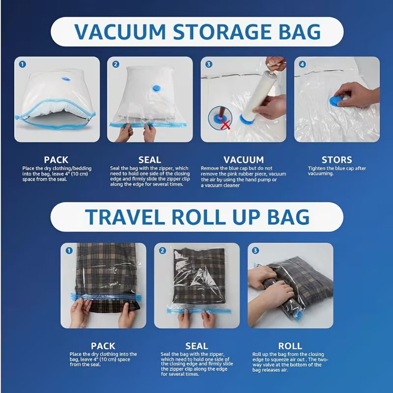 Reusable Ziplock Vacuum Storage Space Saver Plastic Bags for Clothes with Travel Hand Pump - Pack of 5 (2S (60Cmx80Cm), 2M (50Cmx70Cm), 1L(80Cmx100Cm)) - White