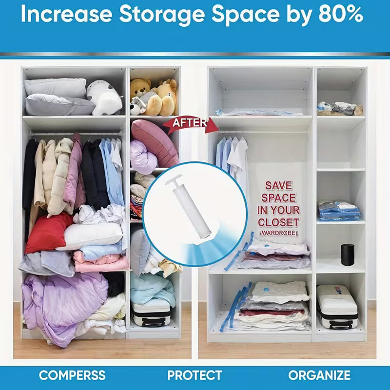 Reusable Ziplock Vacuum Storage Space Saver Plastic Bags for Clothes with Travel Hand Pump - Pack of 5 (2S (60Cmx80Cm), 2M (50Cmx70Cm), 1L(80Cmx100Cm)) - White